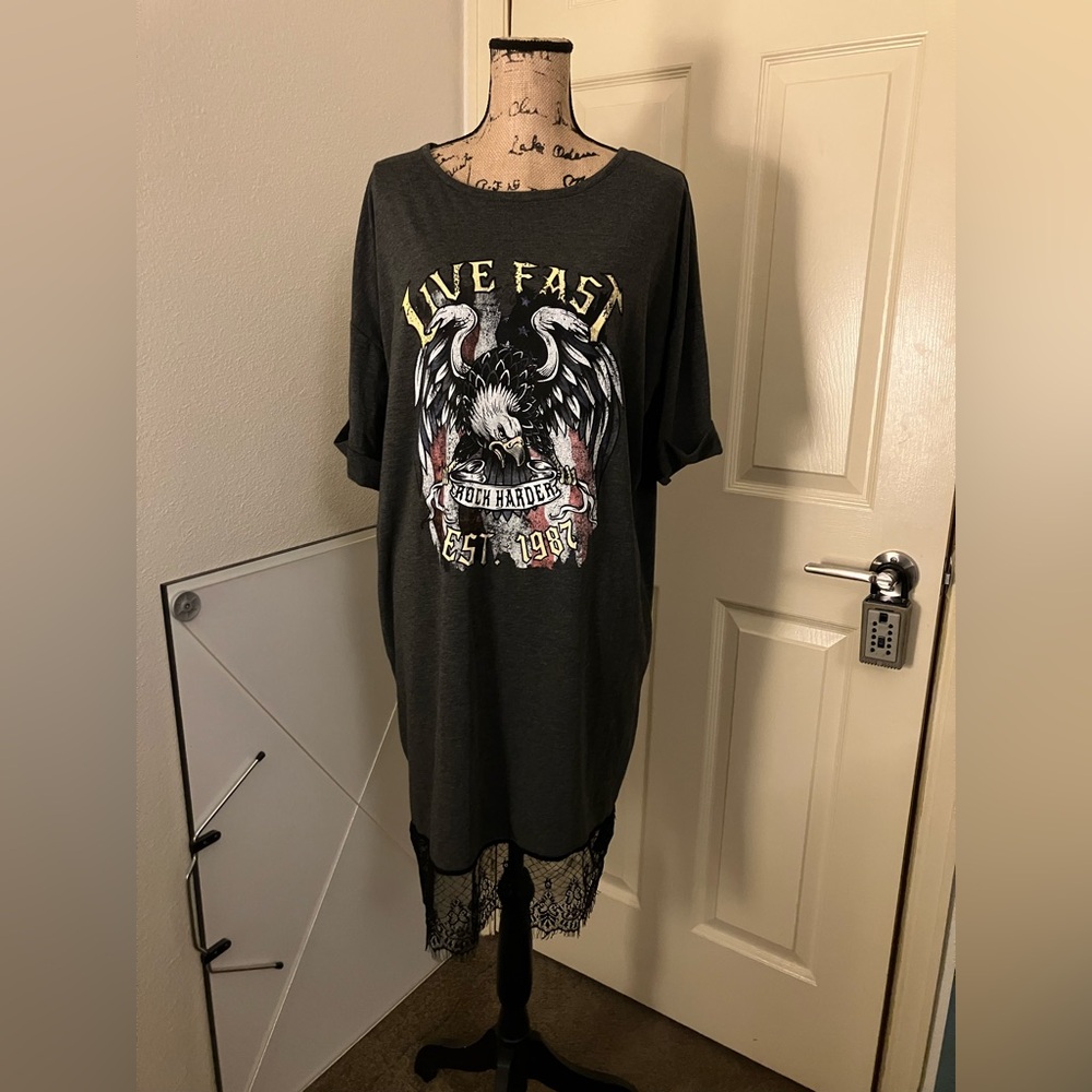 Missguided live fast rock harder American eagle lace trim t shirt dress XL 12 14